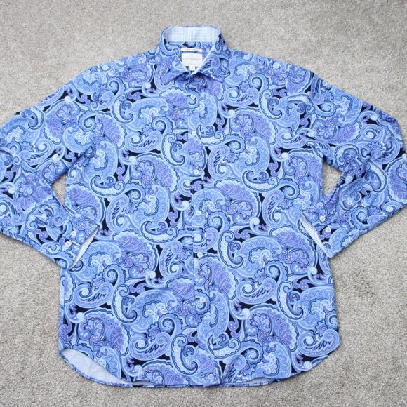 Construct Flip Cuff Shirt Mens Medium 15-15 1/2 Blue Floral 4 Way Stretch L/S - Picture 2 of 13